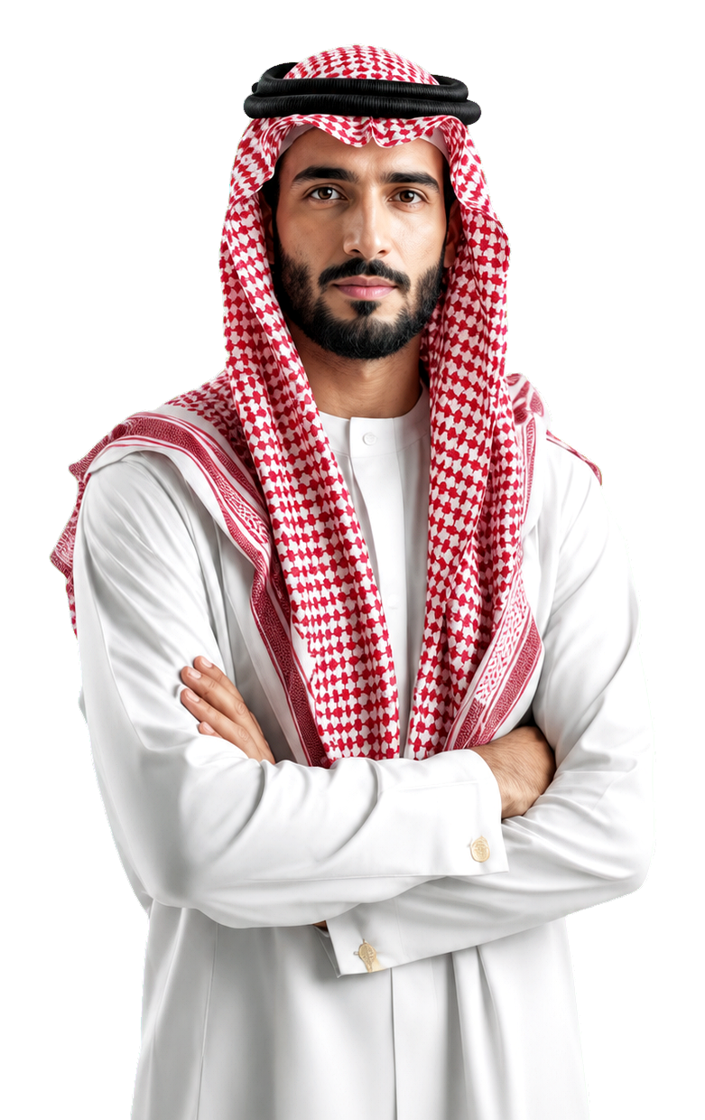 صورة احترافية لرجل سعودي بالثوب والغترة في واجهة مسيرة الفتح